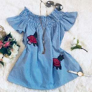 Love J women blue short sleeve embroider blouse